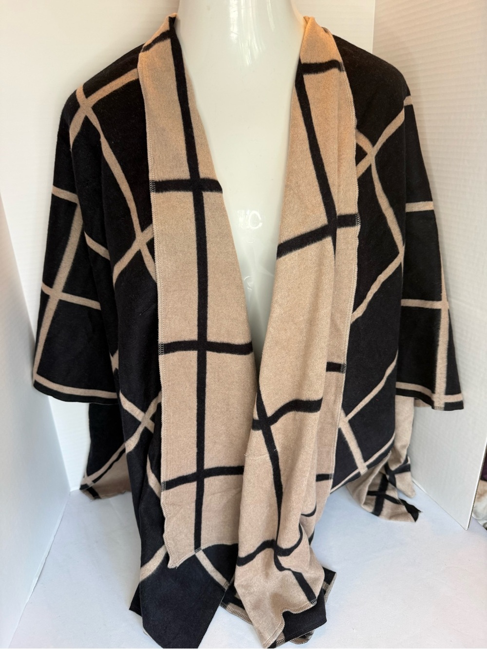 Beige and Black Windowpane Open-Front Women's reversible wrap Sweater